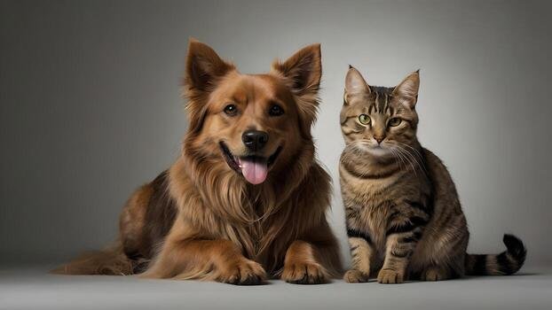 Happy dog and cat enjoying pet care at home